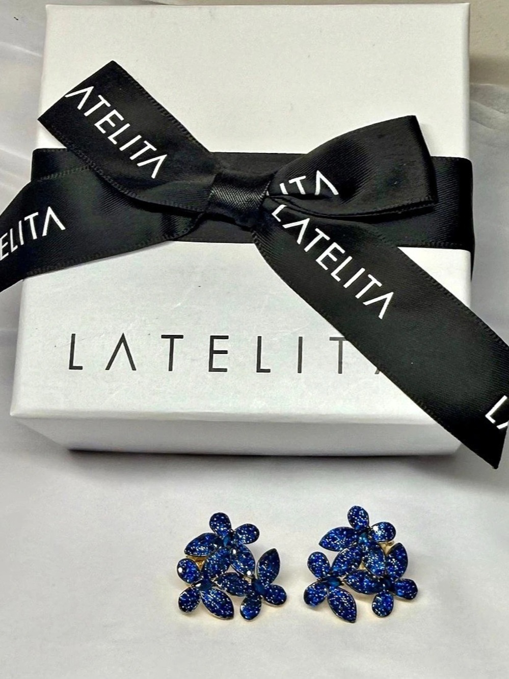 Latelita Flowers Large Stud Earrings Blue & Gold NWT